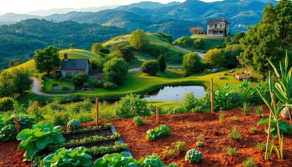 A lush, verdant hillside with a winding path leading to a quaint, cozy cottage nestled among the trees. In the foreground, a thriving vegetable garden, its vibrant colors contrasting with the warm, earthy tones of the soil. In the middle ground, a serene pond reflects the surrounding foliage, its calm waters broken by the occasional splash of a fish. In the background, a range of rolling hills, their silhouettes bathed in the soft, golden light of the setting sun. The scene evokes a sense of tranquility and harmony, conveying the idea of a diversified, self-sustaining lifestyle in harmony with nature.