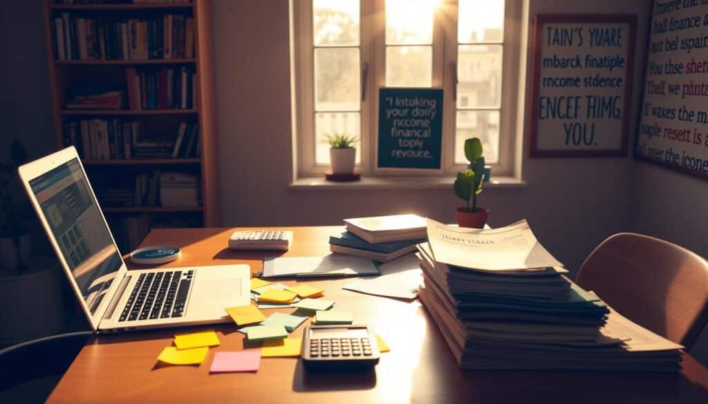 A vibrant home office setting with a desk, laptop, and various financial documents and tools. Warm natural lighting streams in through a large window, casting a soft glow. On the desk, there are colorful sticky notes, a calculator, and a stack of invoices or receipts, hinting at the multiple income streams being explored. The background features bookshelves filled with finance-related books and a bulletin board with inspirational quotes about financial independence. An air of focused productivity and thoughtful planning permeates the scene, reflecting the process of identifying and cultivating additional revenue opportunities.